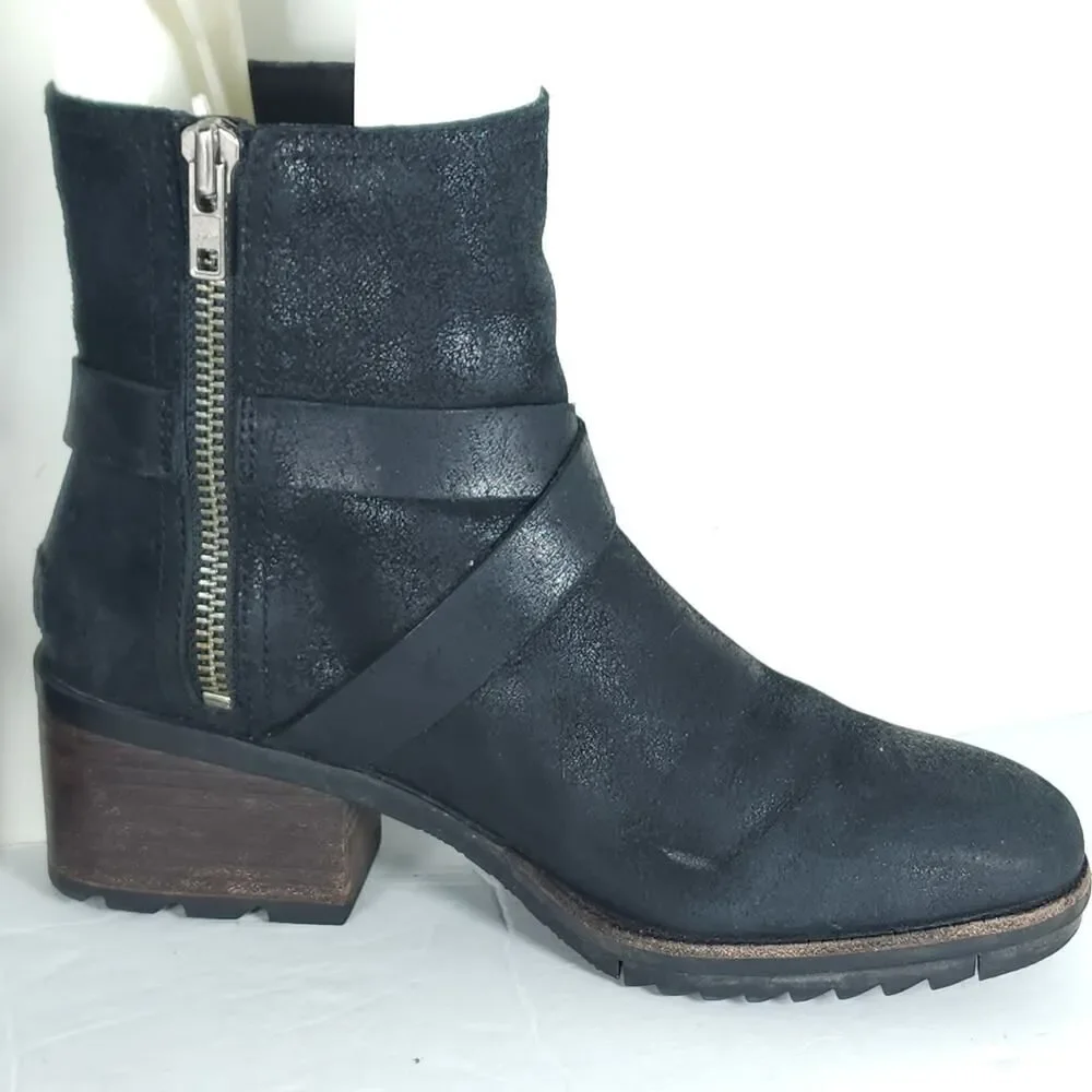 Sorel Women’s Cate US7 Black Leather Waterproof Side Zip Strappy Ankle Boots